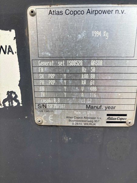 Agregat prądotwórczy Atlas Copco QAS 80 - 80 kVA- 2014 r - Thumbnail 2